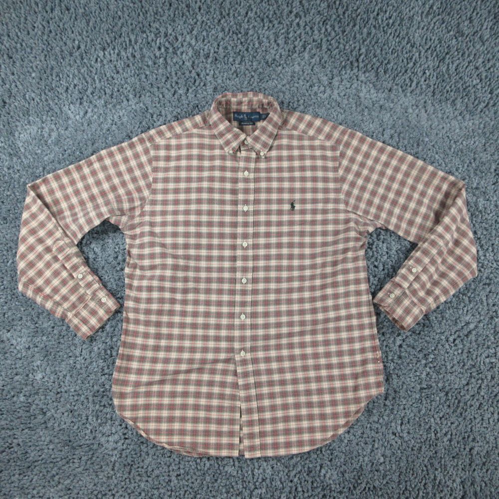 Ralph Lauren Shirt Mens Large Beige Red Plaid Classic Fit Button Down